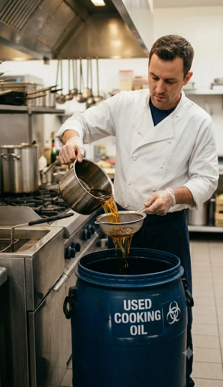 A professional male chef in a white uniform and kitchen apron carefully pours used cooking oil from a metal pot through a mesh strainer into a large blue disposal drum. The drum is clearly labeled "USED COOKING OIL" with a biohazard symbol. The scene is set in a clean, brightly lit commercial restaurant kitchen with stainless steel counters, a deep fryer, and industrial cooking equipment in the background.